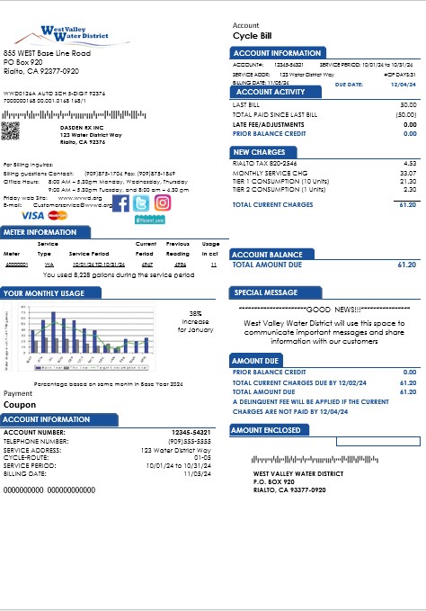 USA California West Valley Water District business utility bill template in Word and PDF formats